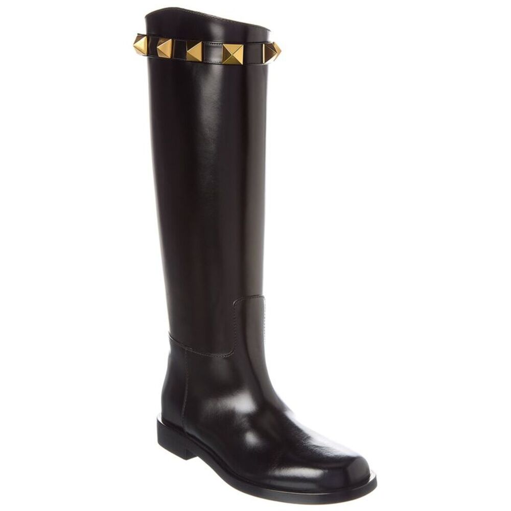 Valentino Roman Stud 15 Leather Knee-High Boot, Black